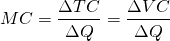 \[ MC = \frac{\Delta TC}{\Delta Q} = \frac{\Delta VC}{\Delta Q} \]